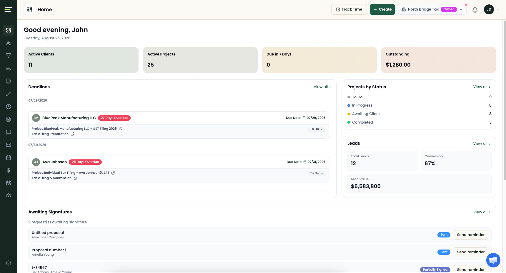 Untangly firm dashboard showing client totals, active projects, upcoming deadlines, project status, leads, and awaiting signatures