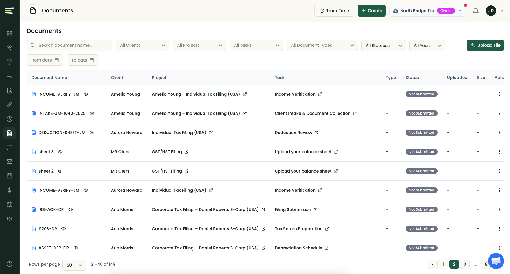 Untangly document workspace showing searchable files connected to clients, projects, tasks, and statuses