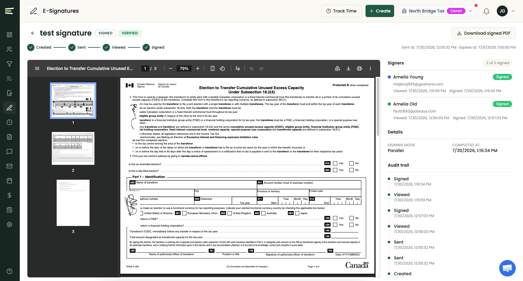 Untangly eSignature workspace showing a signed CRA form, both signers marked signed with viewed and signed timestamps, and a full audit trail from created to sent, viewed and signed